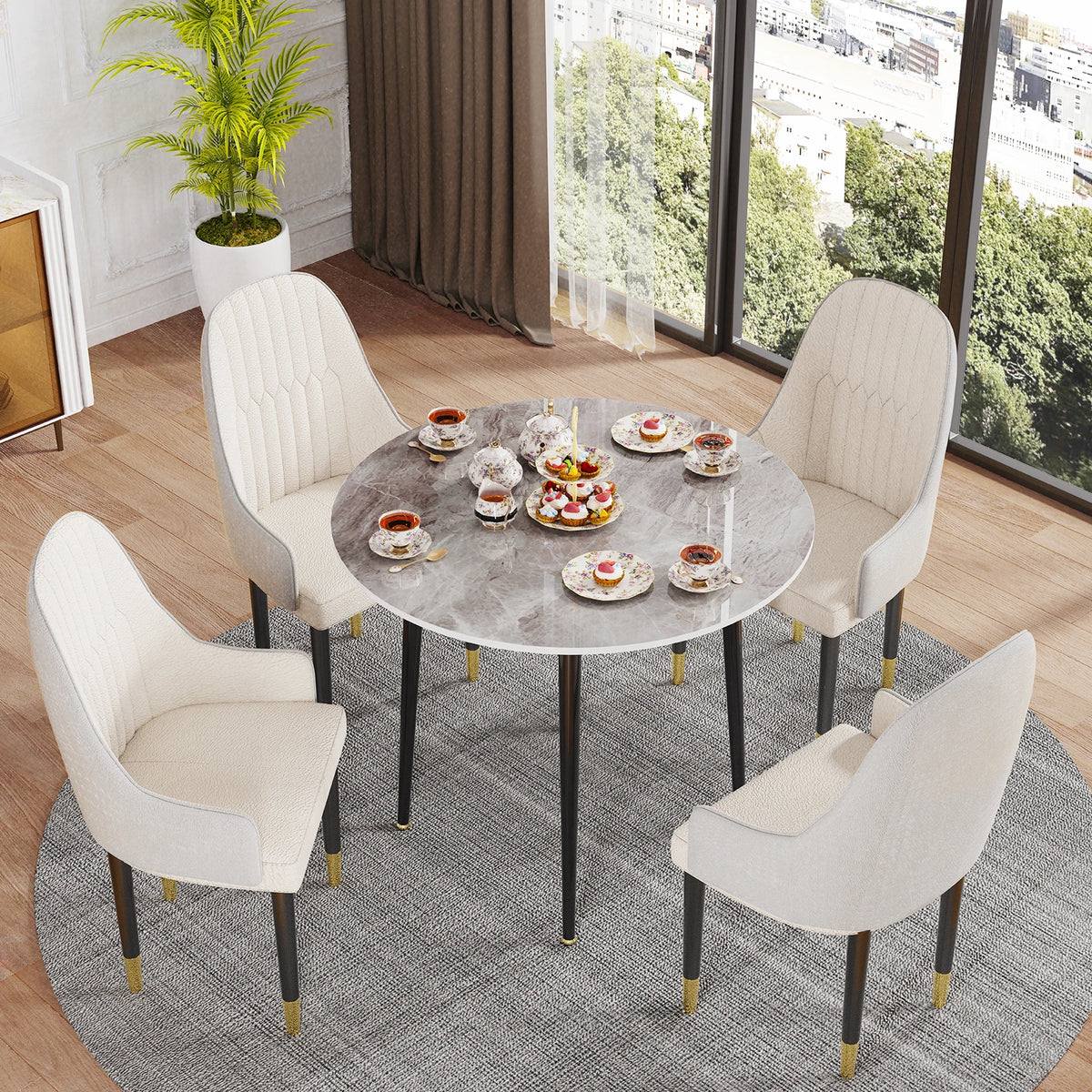 Sintered Stone Round Dining Table with Black Metal Legs