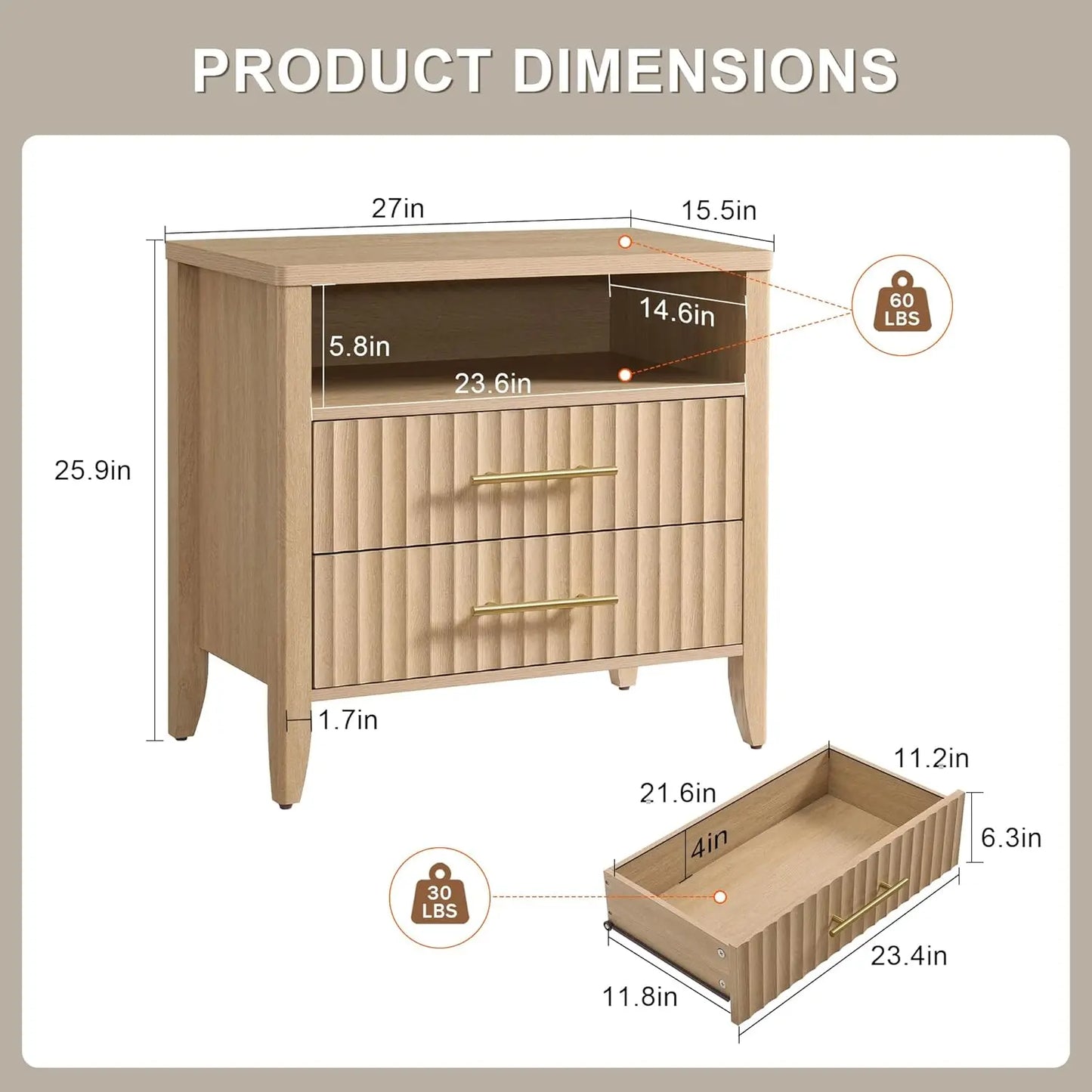 Modern Fluted Queen Nightstand End Table