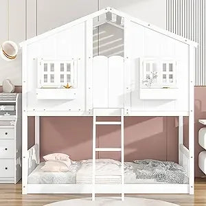 Floor House Bunk Bed with Low Bunker Bed Twin Over Twin