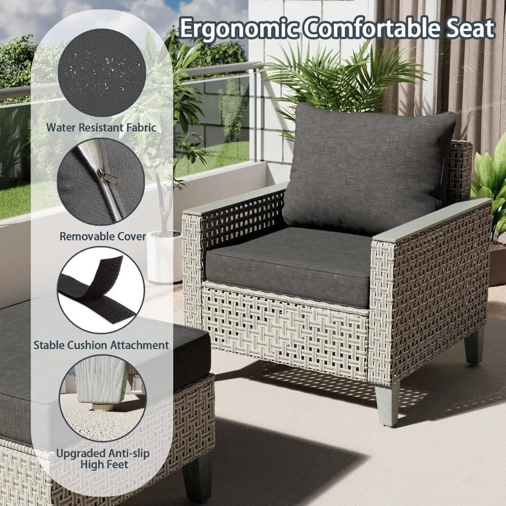 Outdoor Patio Furniture Set with Sectional Sofa, Ottomans and Thick Cushions