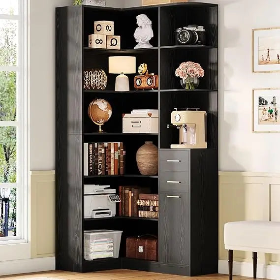 10 Open Shelves and 2 Drawers L-Shaped Corner Bookshelf