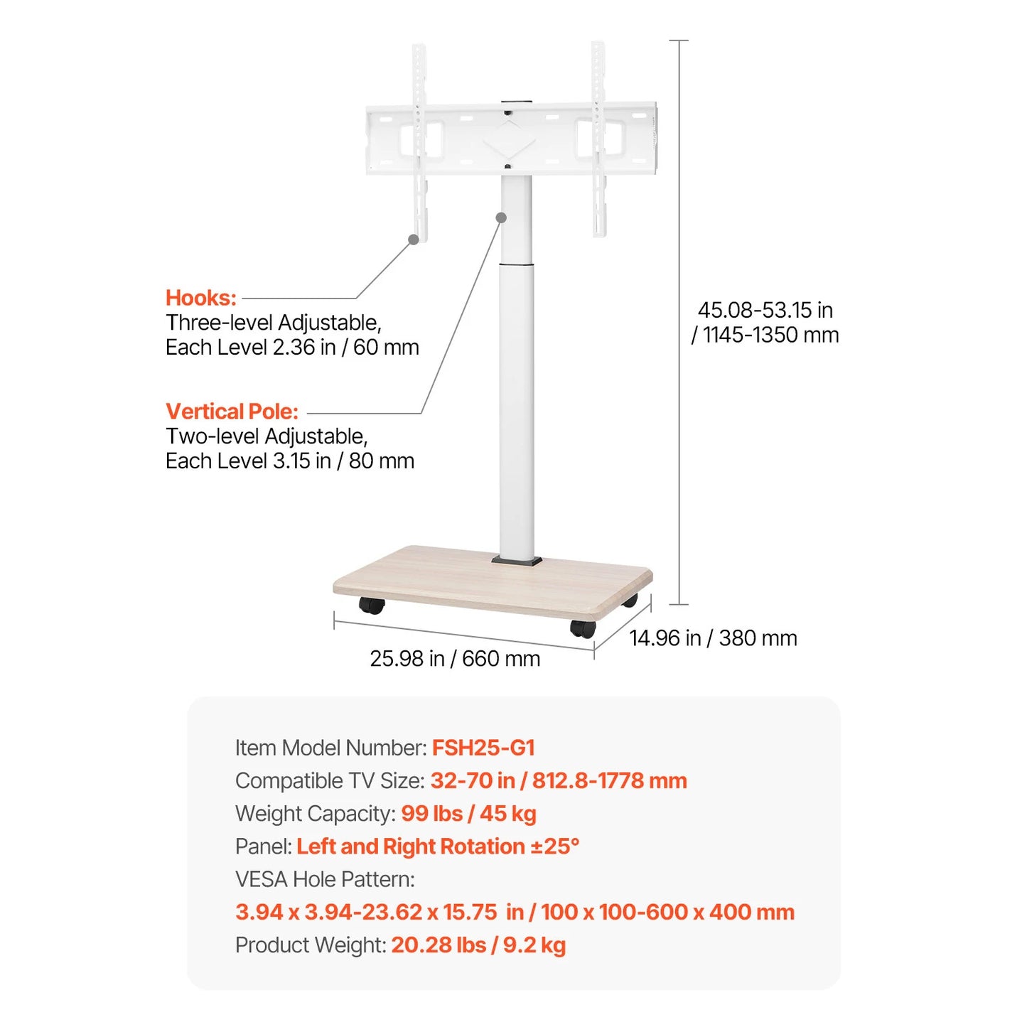 Rolling TV Stand for Various Sizes