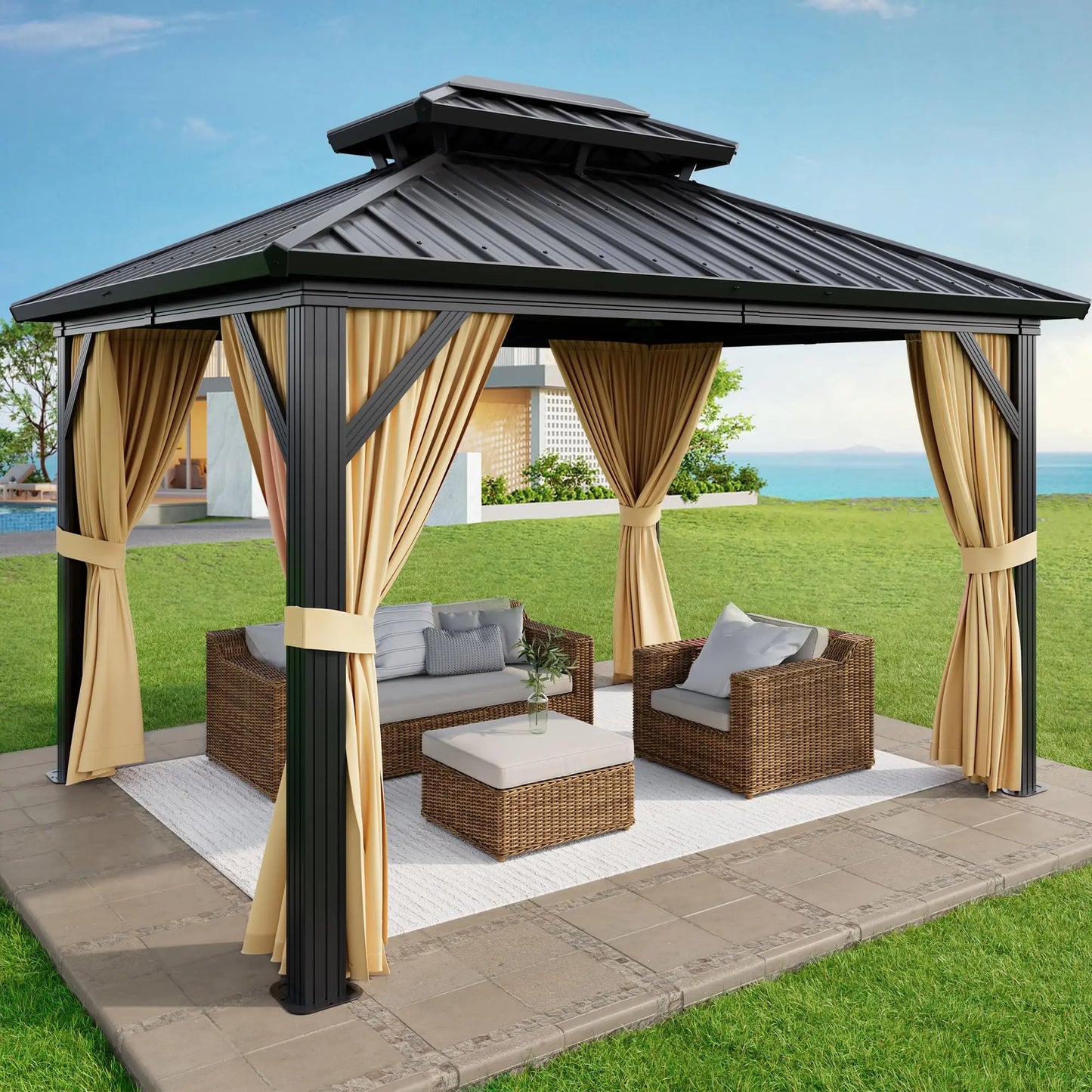Heavy Duty Hardtop Gazebo Aluminum Permanent Pavilion With Double Steel Roof Netting & Curtains