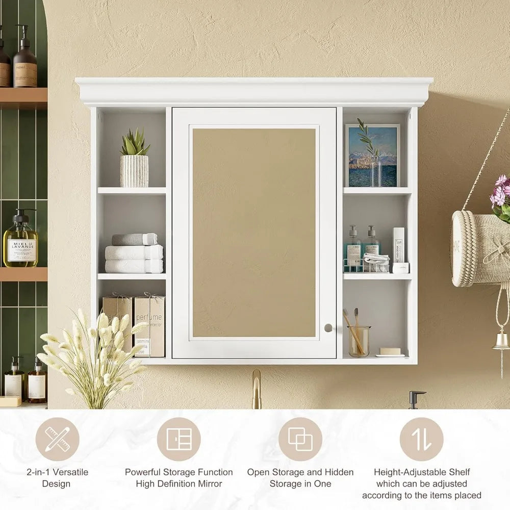 Bathroom Storage Cabinet with Mirror Door and 6 Adjustable Open Shelf