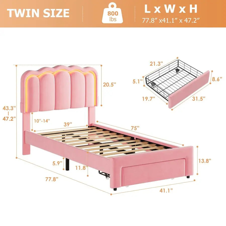 Upholstered LED Bed Frame with Storage Drawer