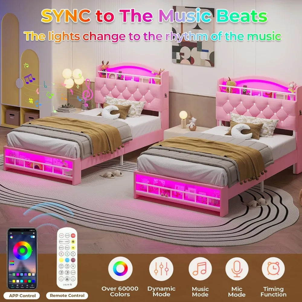 LED Princess Bed Frame with Charging Station and Velvet Upholstered Platform