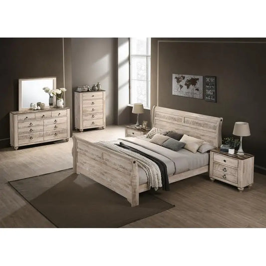 Contemporary White Wash Finish Sleigh Bedroom Set