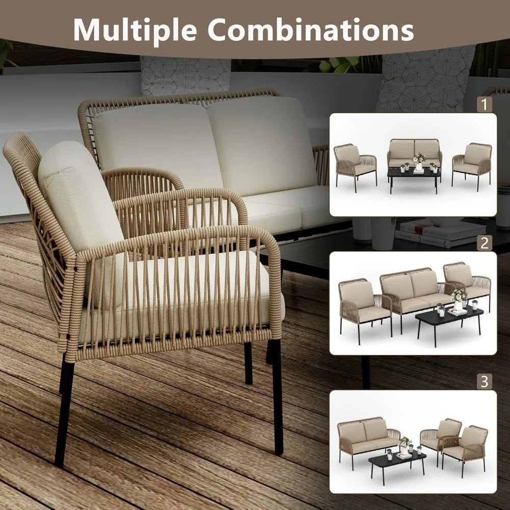 Outdoor Conversation Set with 2 Wicker Chair& Loveseat Sofa
