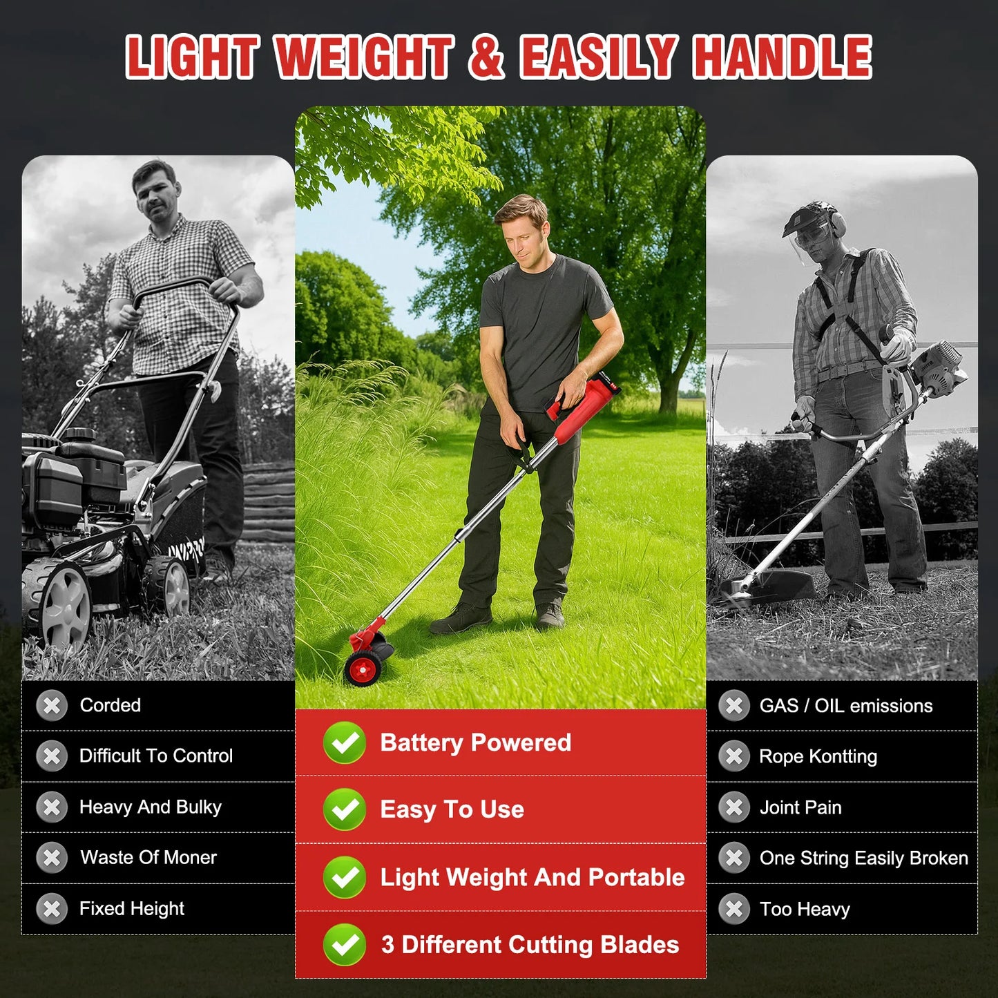 Cordless Weed Wacker Electric Grass Trimmer 3-in-1 Brush with Wheels Edger and Trimmer