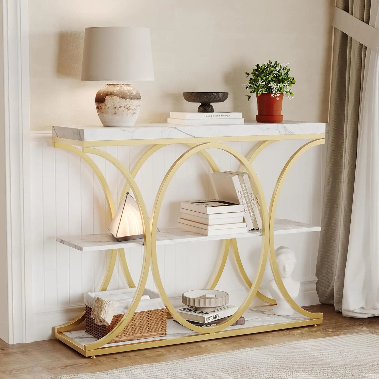 Narrow Console Table with Storage Shelves