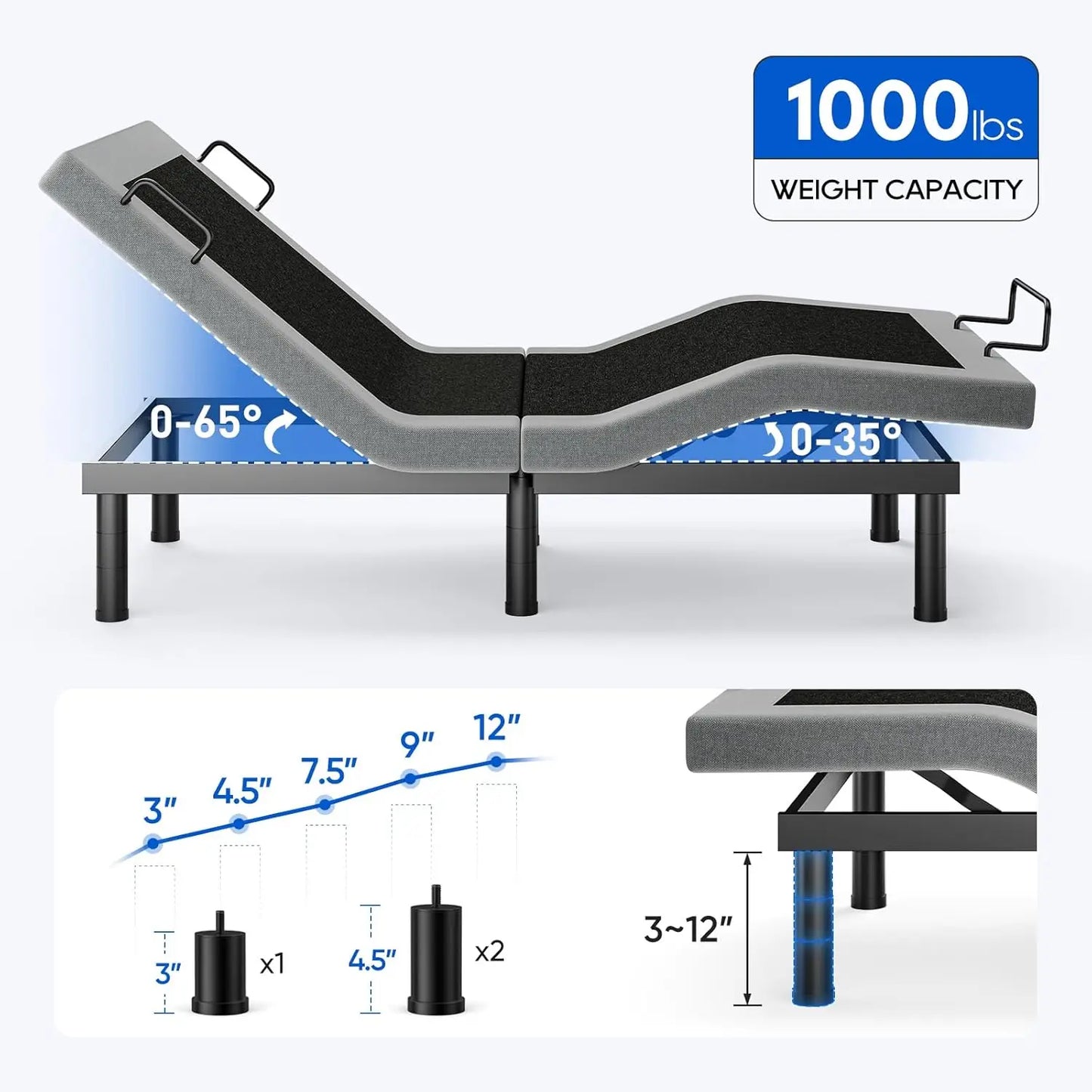 Electric Bed Frame with Wireless Remote, 3 Retainer Bars, Zero Gravity & Anti-Snore