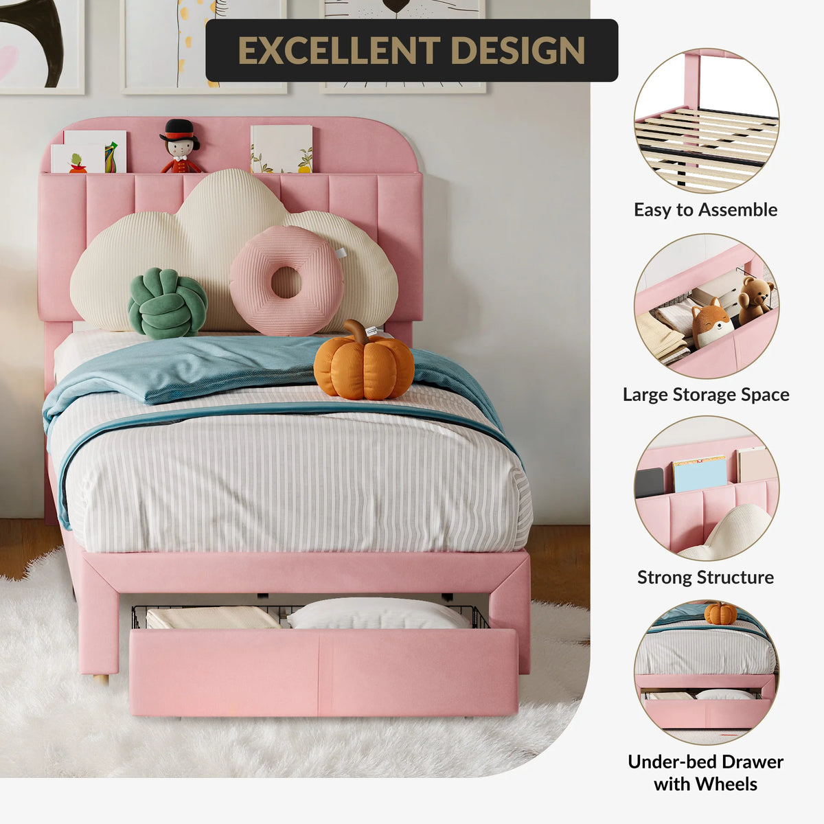 Twin Bed Frame with Bookcase Headboard & Storage Drawer