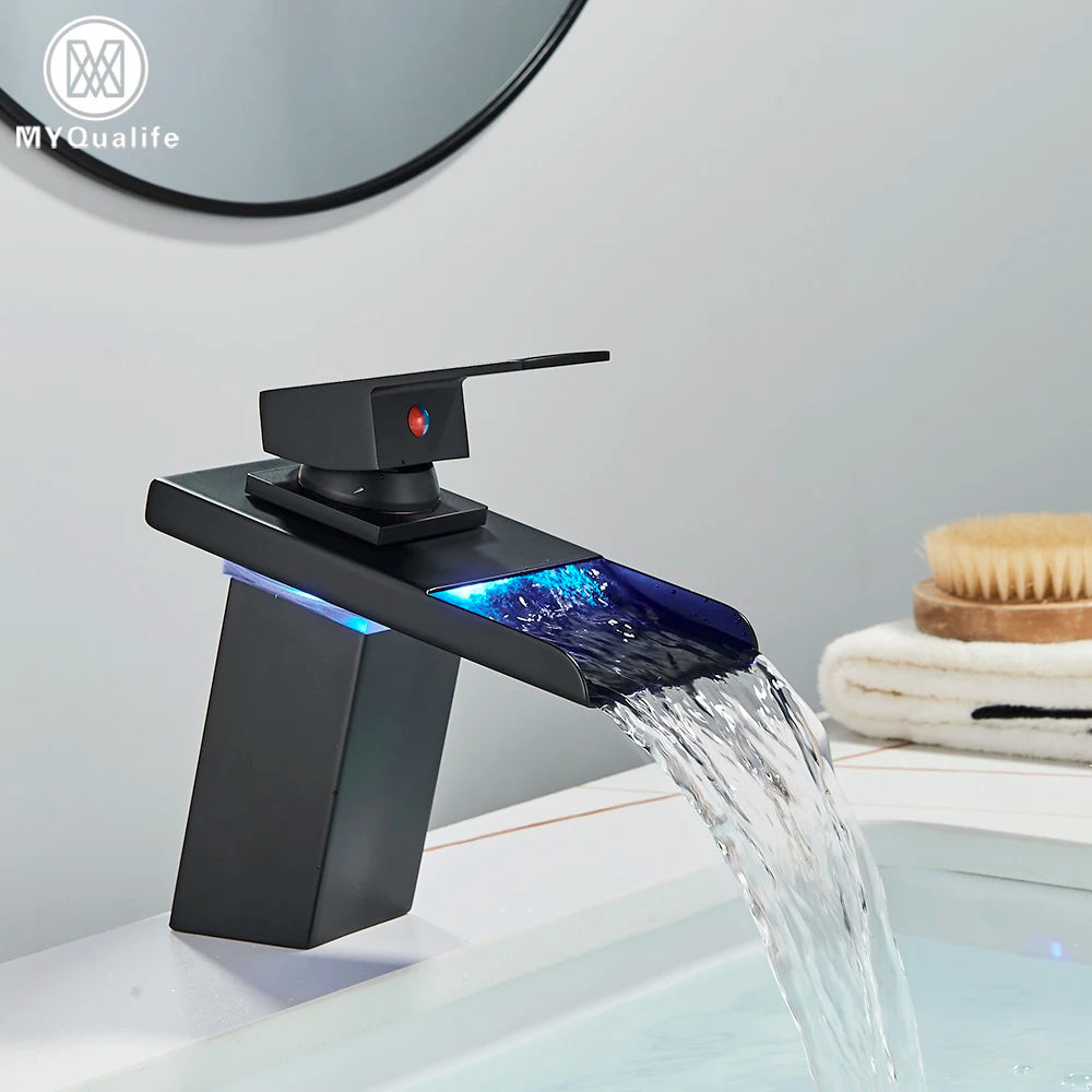 Luxury LED Color Changing Waterfall Basin Sink Faucet Single Handle Deck Mounted Hot and Cold Mixer Taps