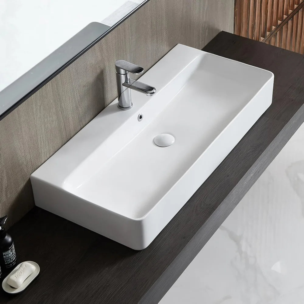 Bathroom Vessel Ceramic Rectangular Sink Above Counter Wall