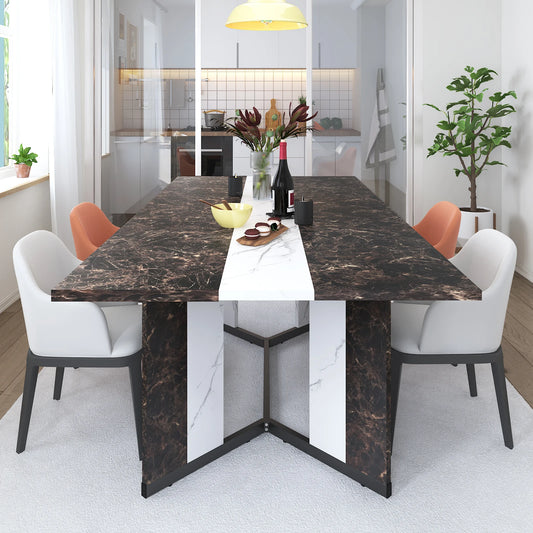 Large Rectangular White Dining Table with Marble Color, Wood Tabletop, Metal Leg