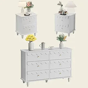 Bedroom Set - Two Drawers Nightstand & Scalloped 6 Drawer Dresser Combo