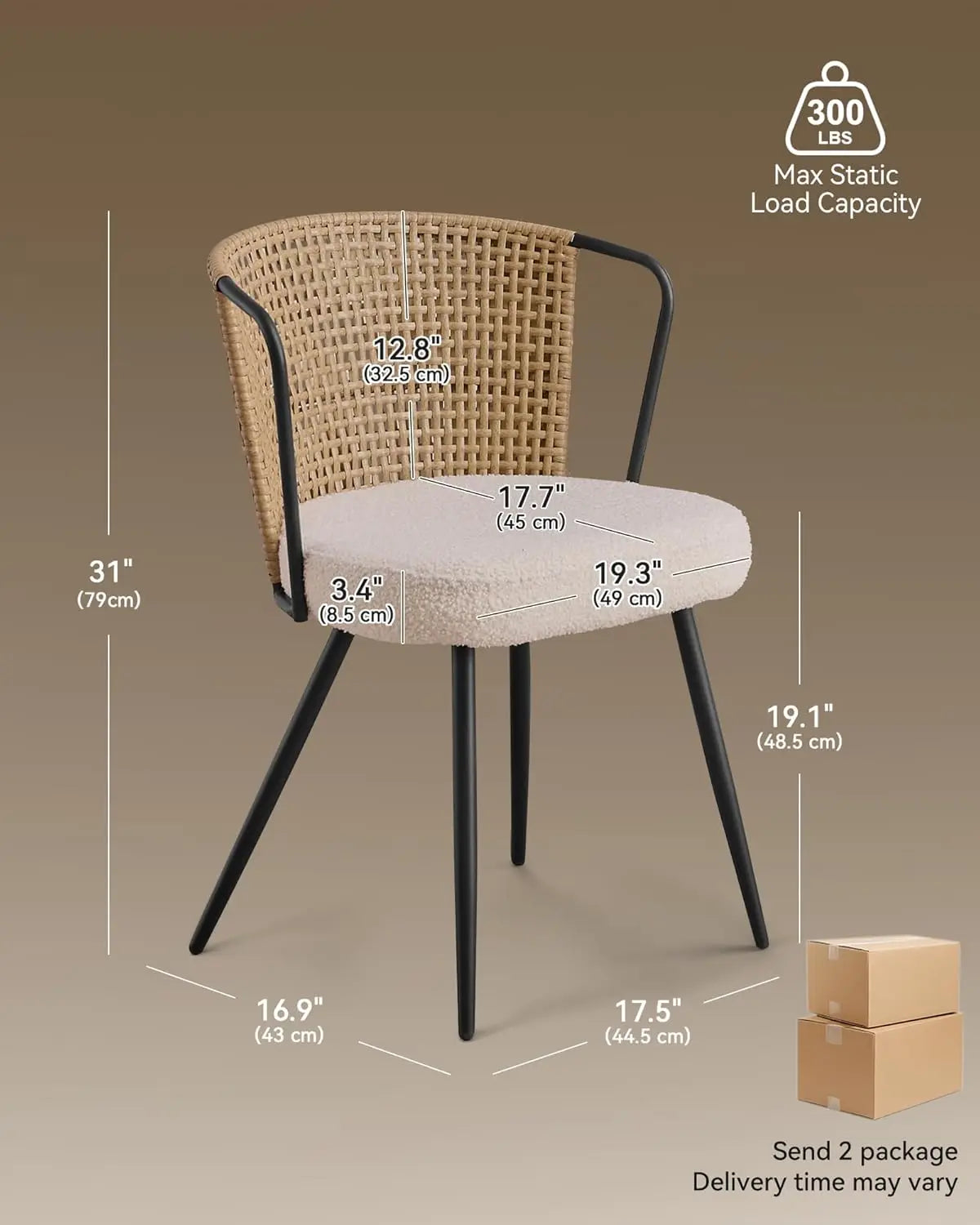 Rattan Dining Chairs with Boucle Cushion and Metal Legs