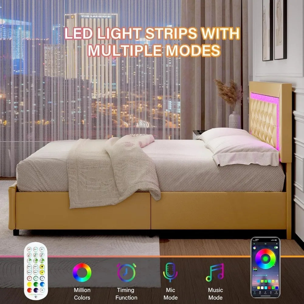 Twin Bed Frame with Storage Drawers & LED Lights