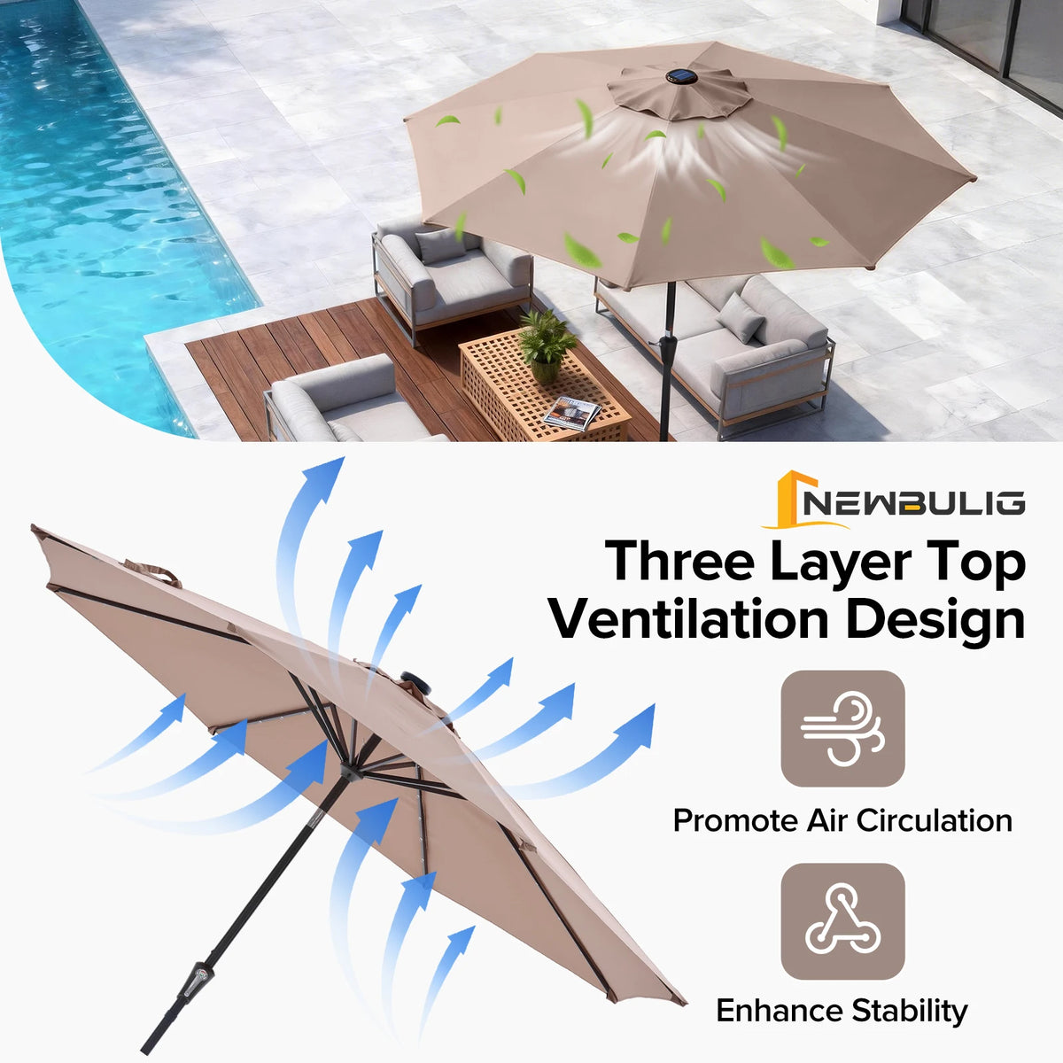 LED Lights Solar Patio Umbrella UV-Resistant