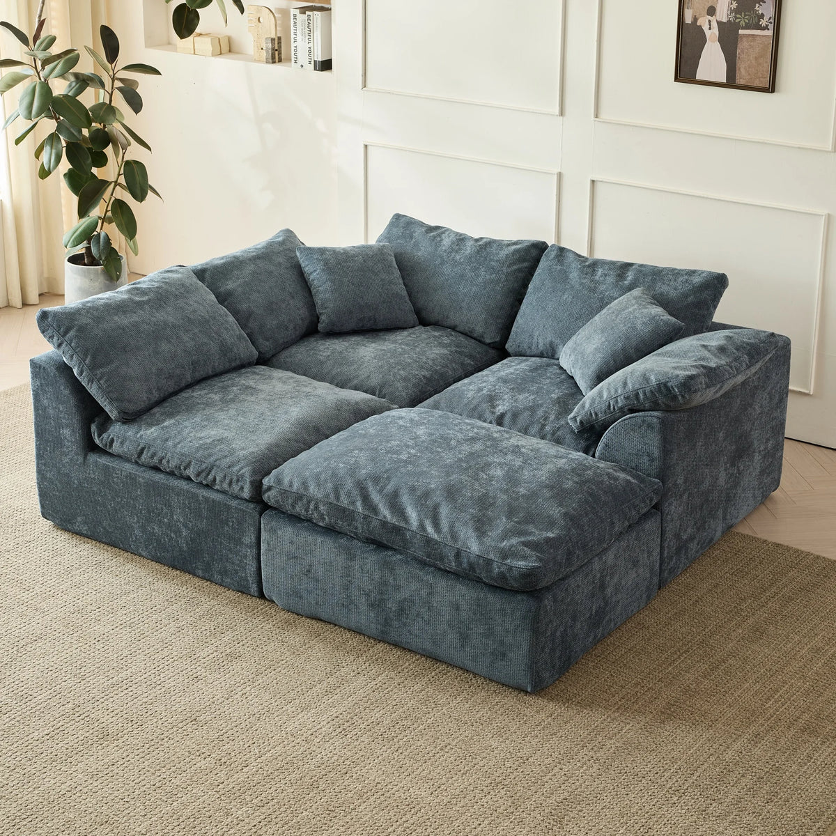 Modern Oversized Deep Seat Chenille Fabric Cloud L-Shaped Sofa