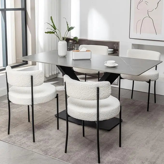 Upholstered Round Modern Buckle Dining Chairs with Black Metal Legs Set