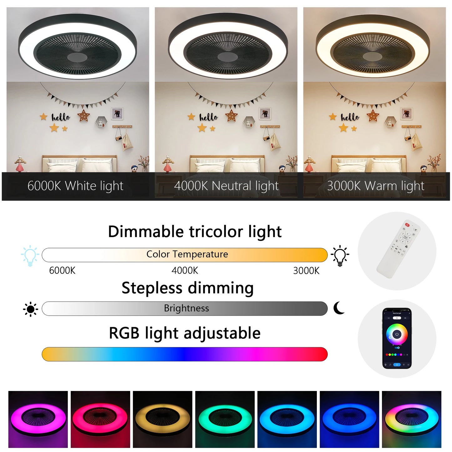 LED Ceiling Fan Light Smart RGB Lights with Remote