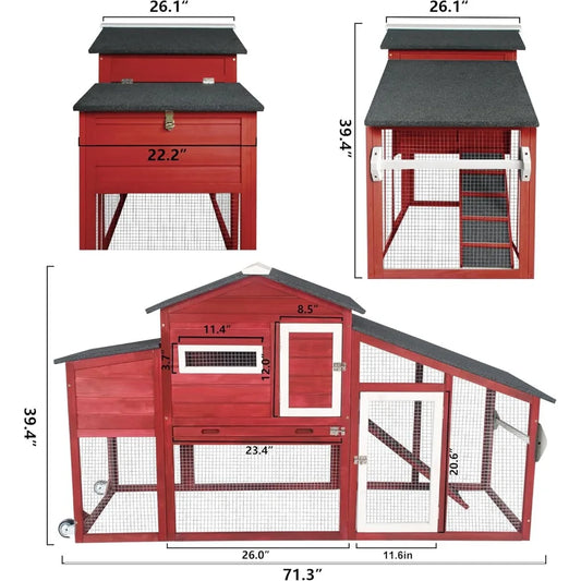Large Wooden Chicken Tractor with Wheels Waterproof Outdoor Hen House