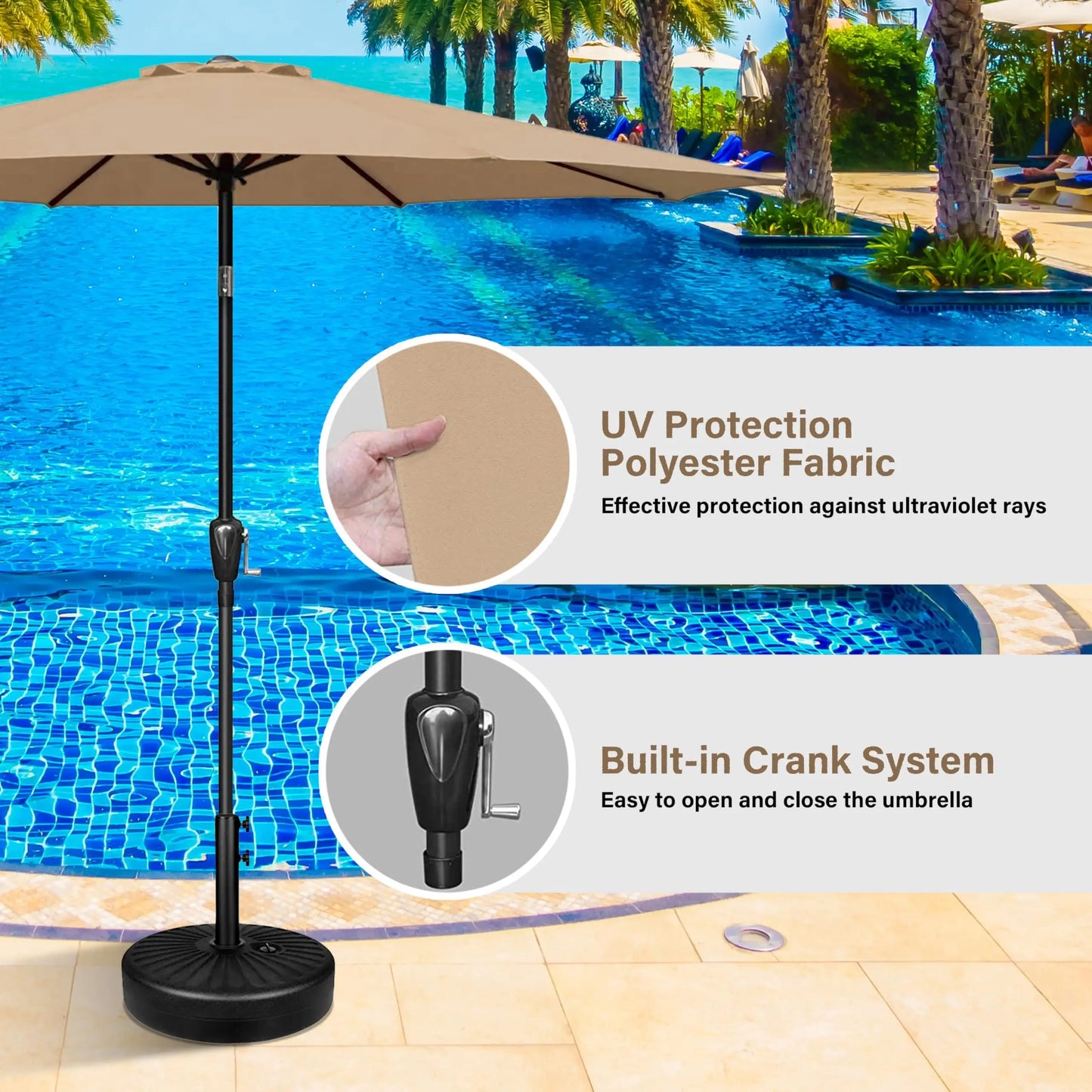 Patio Umbrella with, Push Button Tilt and Crank
