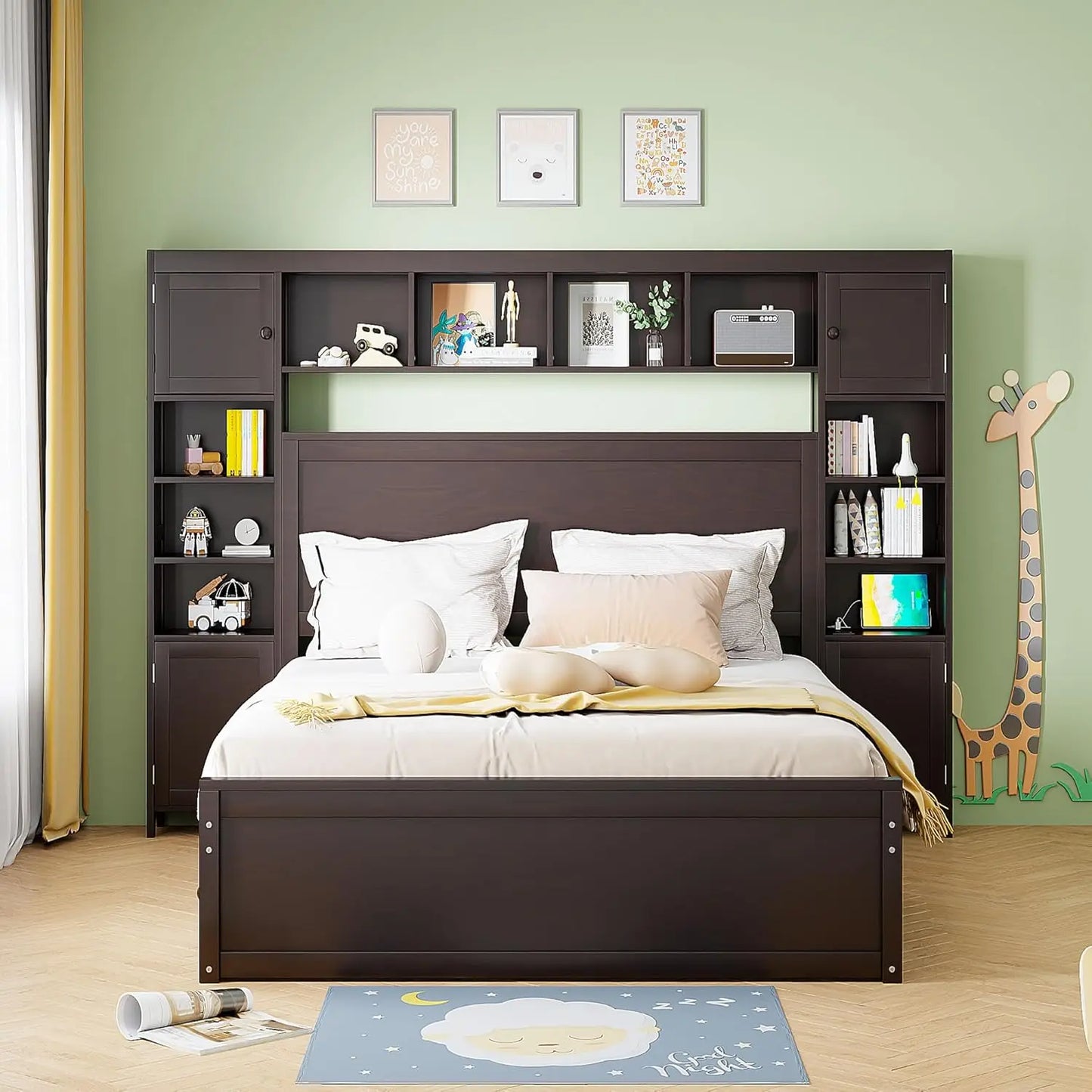 Storage Bed with Bookcase Headboard Platform Bed