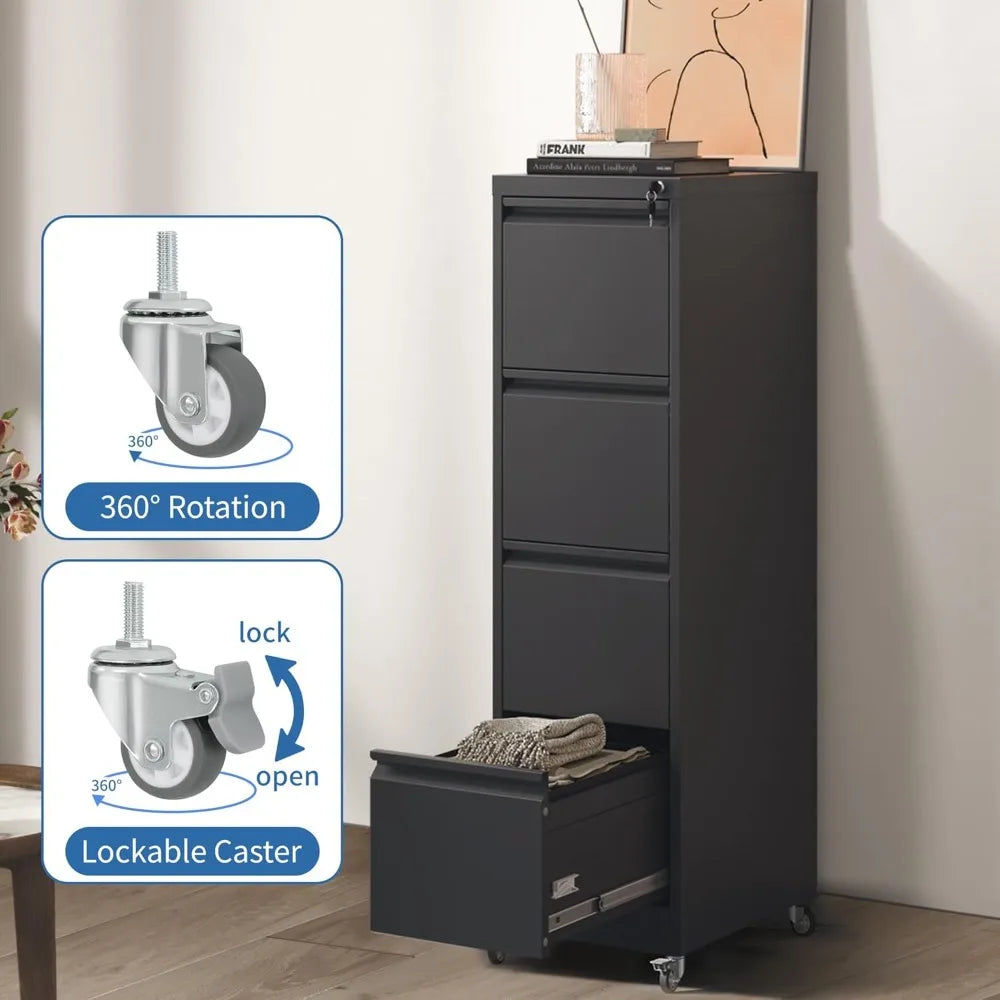 4 Drawer Mobile File Cabinet, Metal Filing Cabinet with Lock and Wheels, Home Office Rolling File Cabinets for Legal/Letter Hang