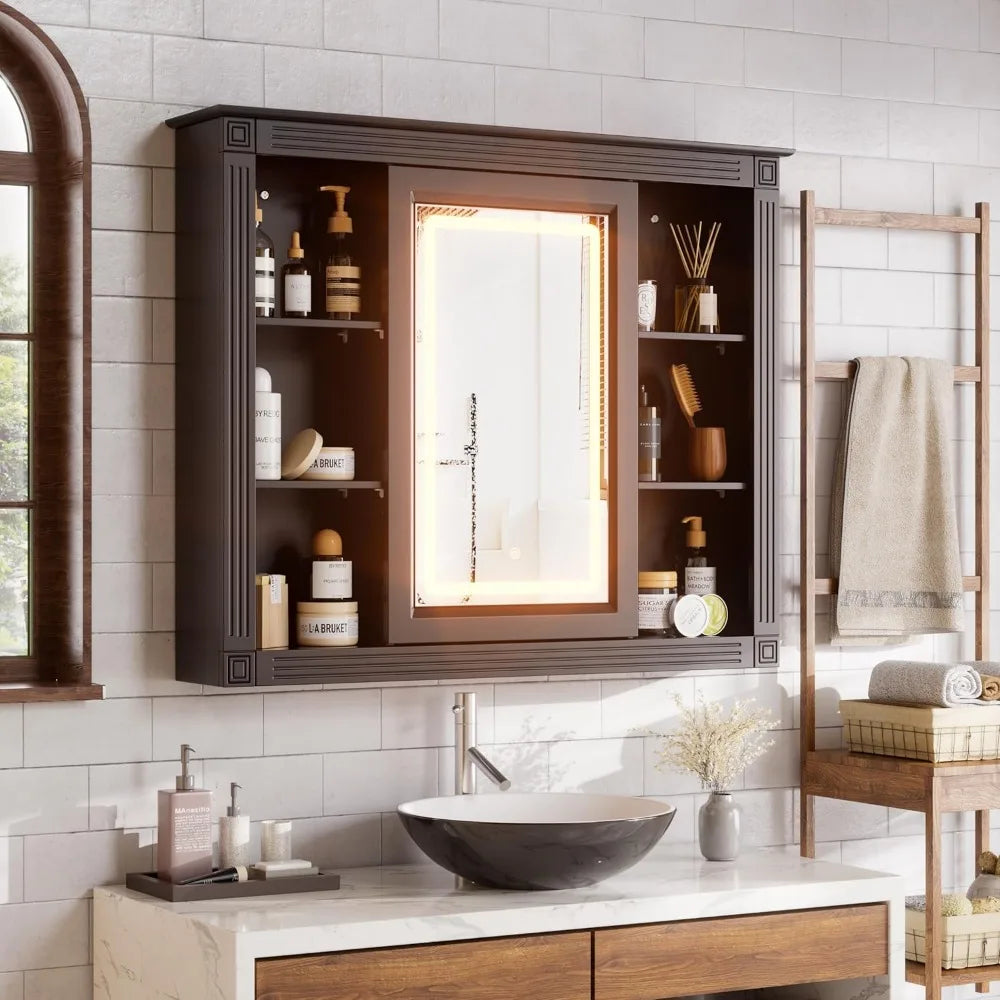 Wood Medicine Cabinet Over The Toilet Storage Organizer with Mirrored Doors