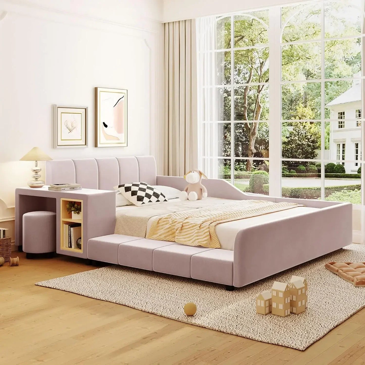Velvet Upholstered Grounded Bed Platform Bed with Bedside Desk and Little Round Stool