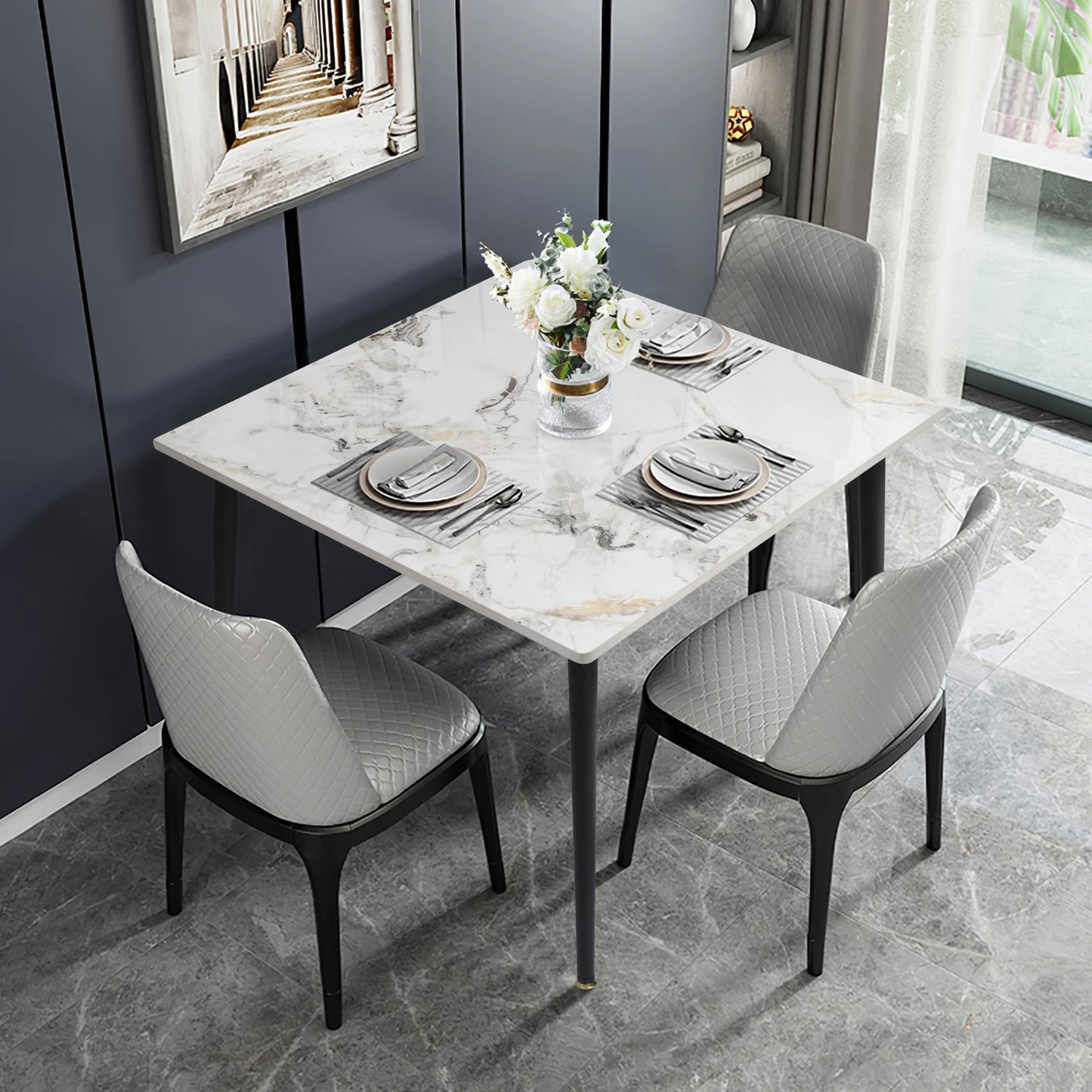 Mid-Century Slate Dining Table with Sintered Stone Top and Metal Legs