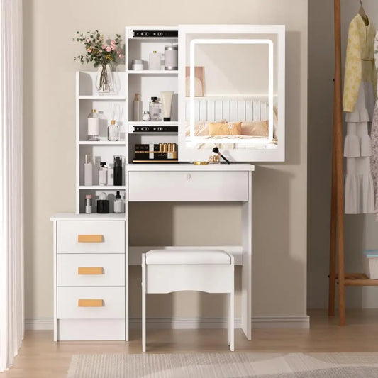 Vanity Desk with Sliding Mirror and Lights