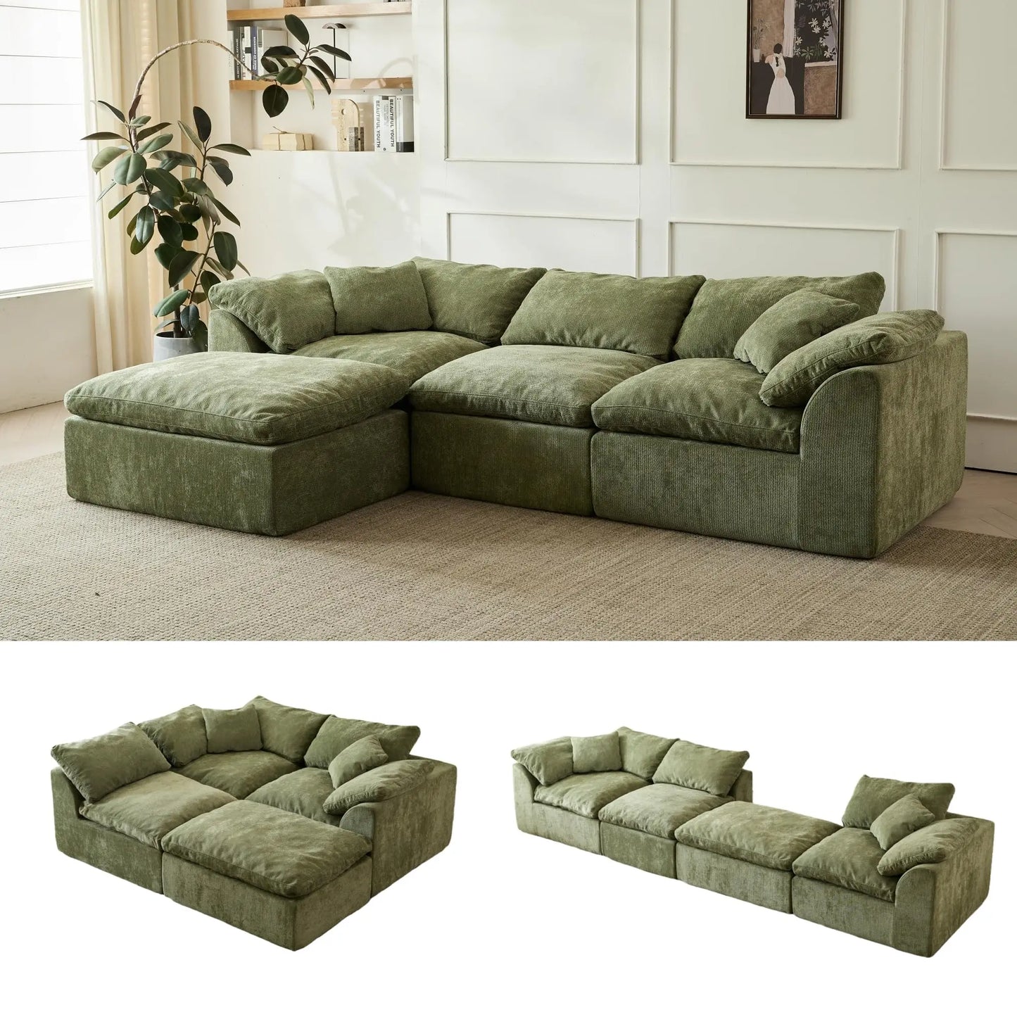 Modern Cloud L-Shaped Oversized Deep Seat Chenille Fabric with Ottoman