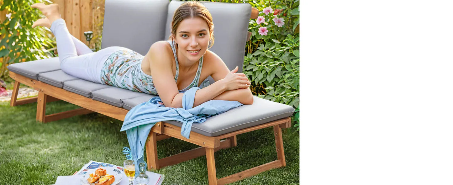 Acacia Wood Patio Couch with Adjustable Armrests