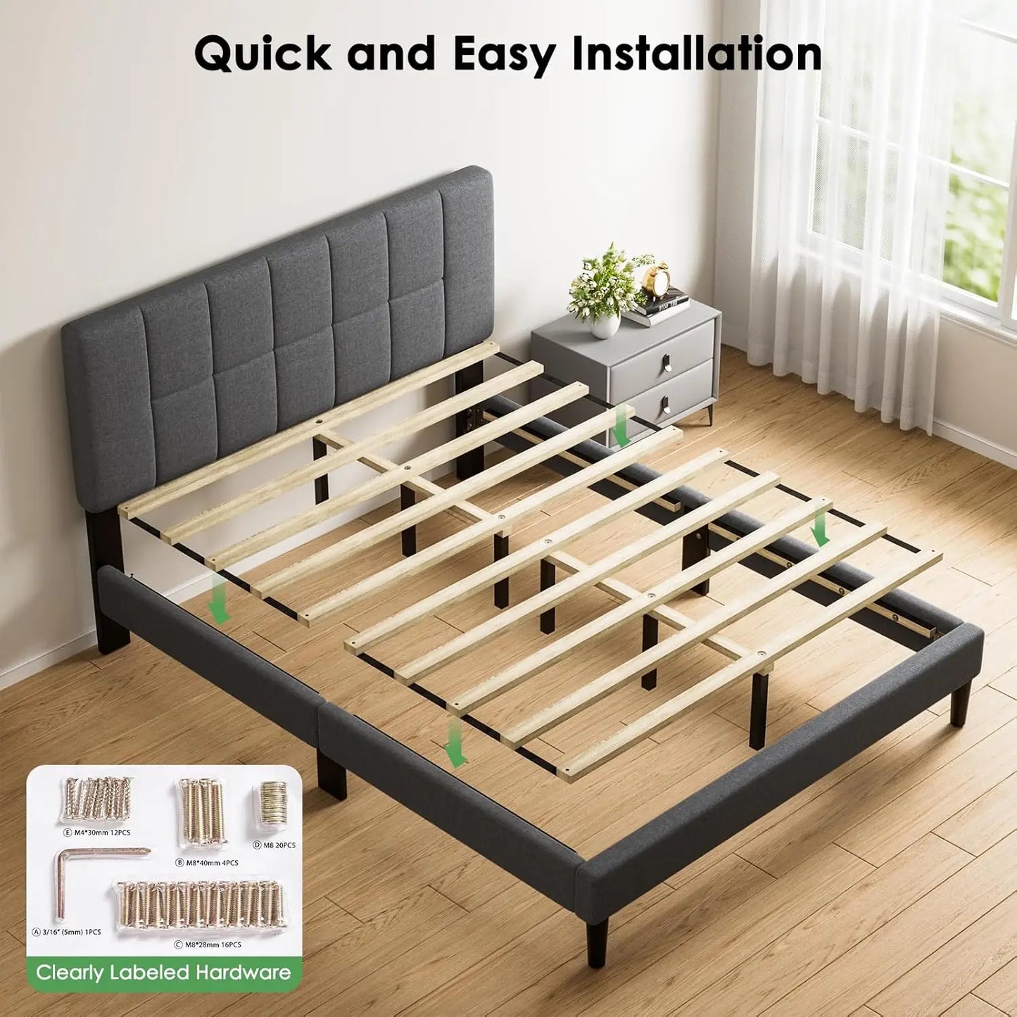 Twin Size Bed Frame with Adjustable Headboard