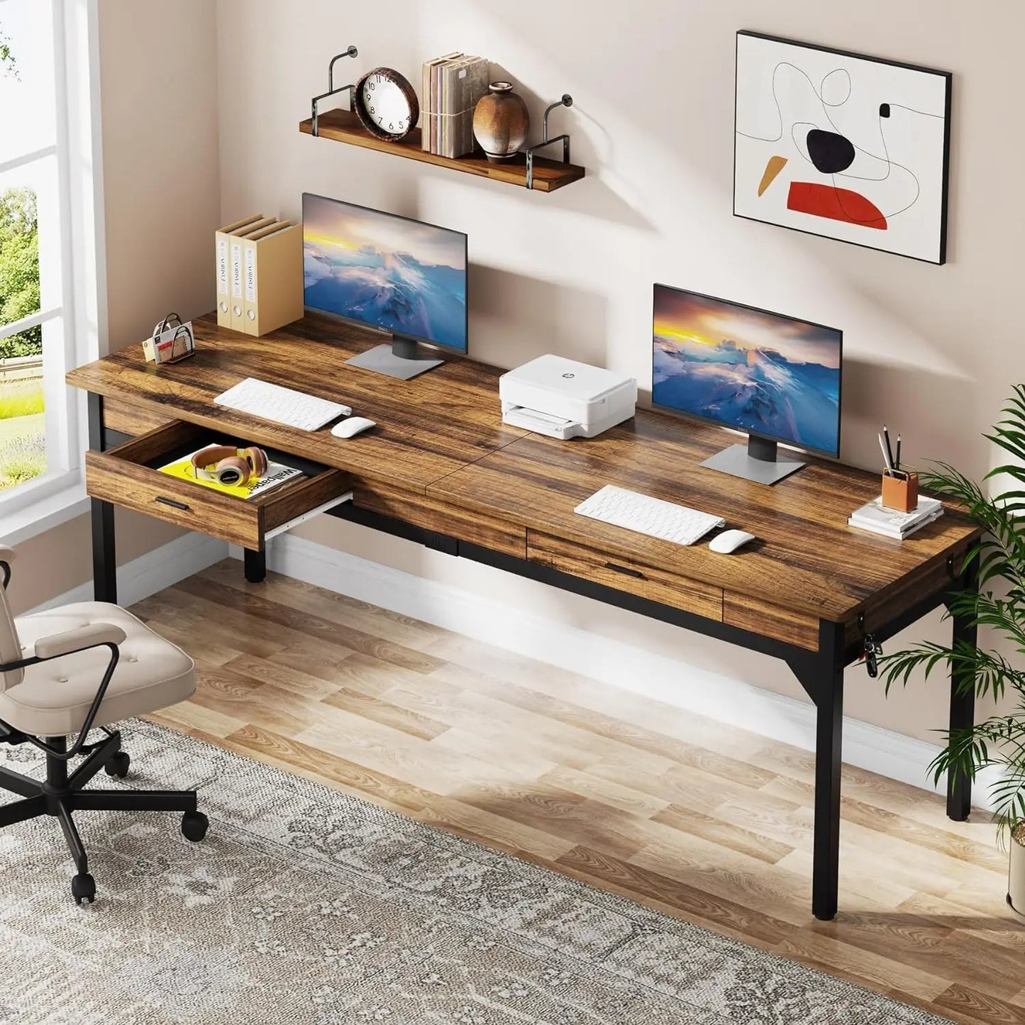 Double Long Desk with 2 Drawers