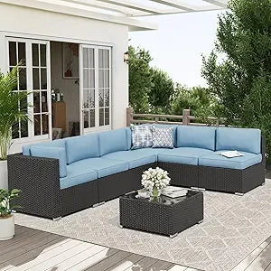 7-Piece Patio Furniture Sofa Set Rattan Wicker Sectional Conversation Sets with Glass Top Table and Cushions