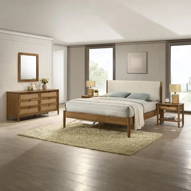 Rubberwood Bedroom Set with Upholstered Bed