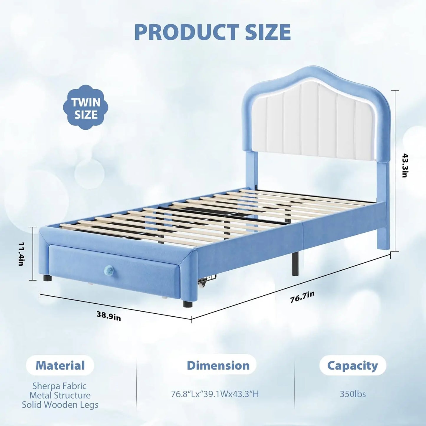 Modern Princess Style Upholstered Bed Frame with LED Crown Headboard