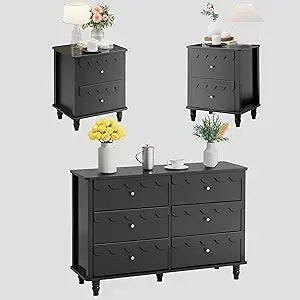 Bedroom Set - Two Drawers Nightstand & Scalloped 6 Drawer Dresser Combo