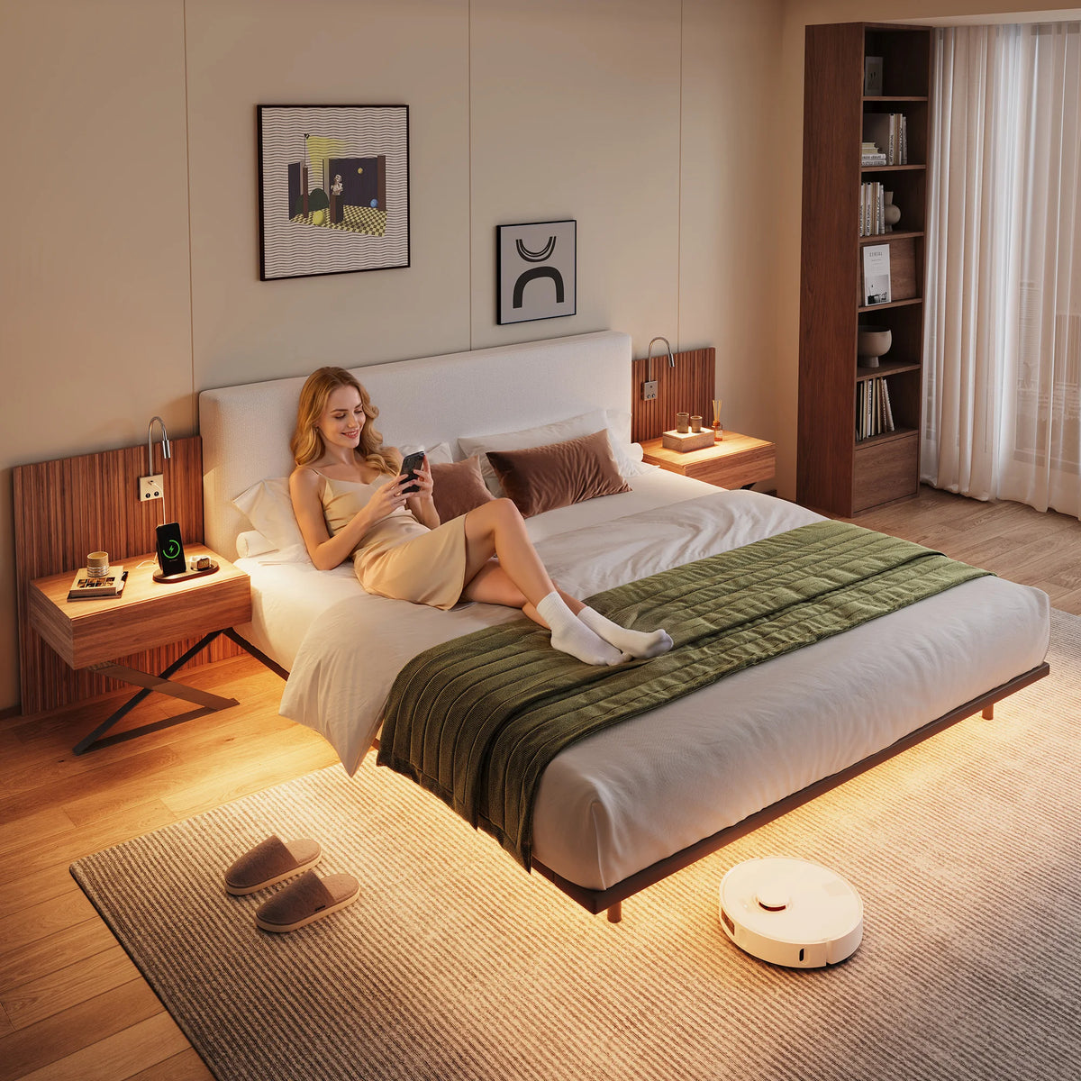 Luxury Bed with Integrated Nightstands & Reading Lamps