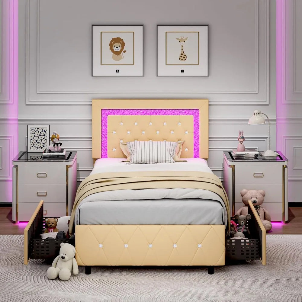 Twin Bed Frame with Storage Drawers & LED Lights