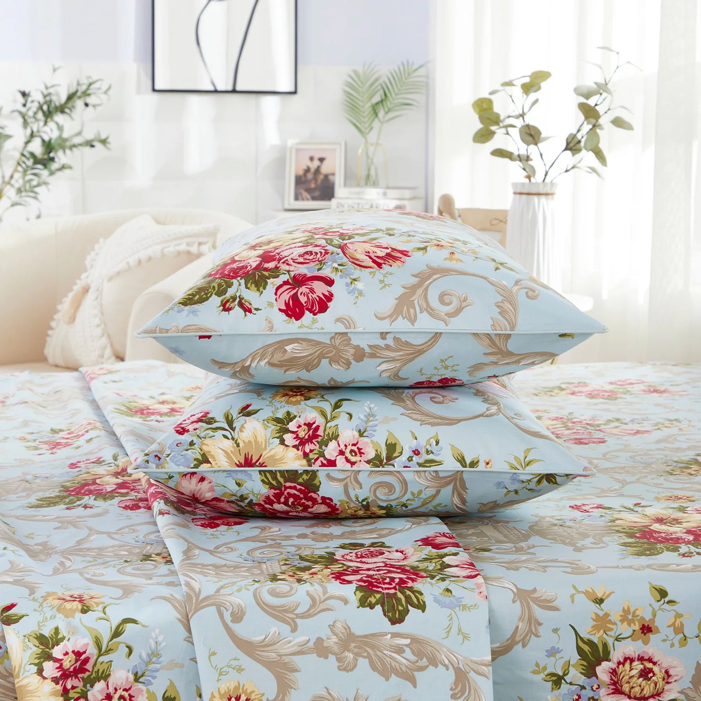 Vintage Red Rose In Light Blue