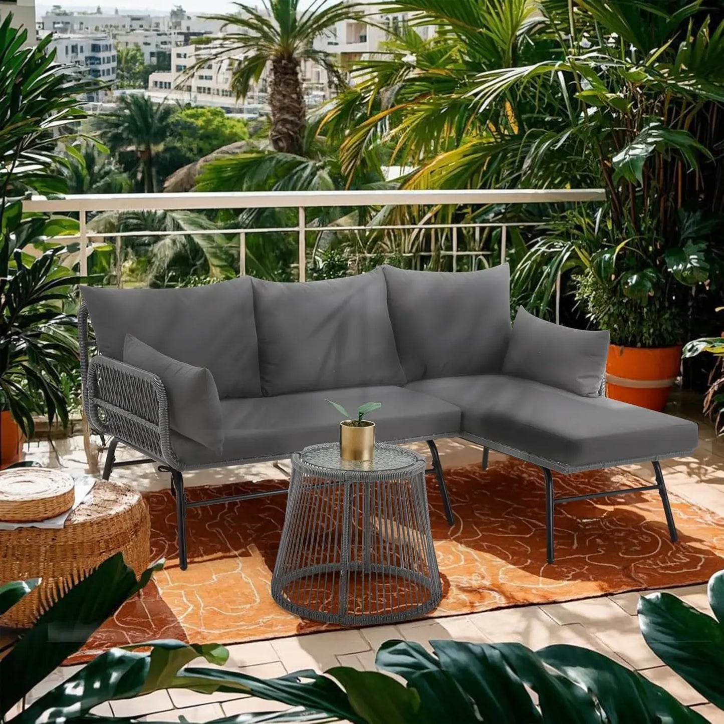 L-Shaped Rattan Sectional Sofa with Detachable Lounger Glass Coffee Table & Cushions Furniture Set