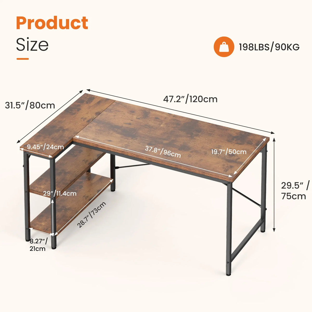 L Shaped Computer Furniture Corner Desks with Reversible Storage Shelves