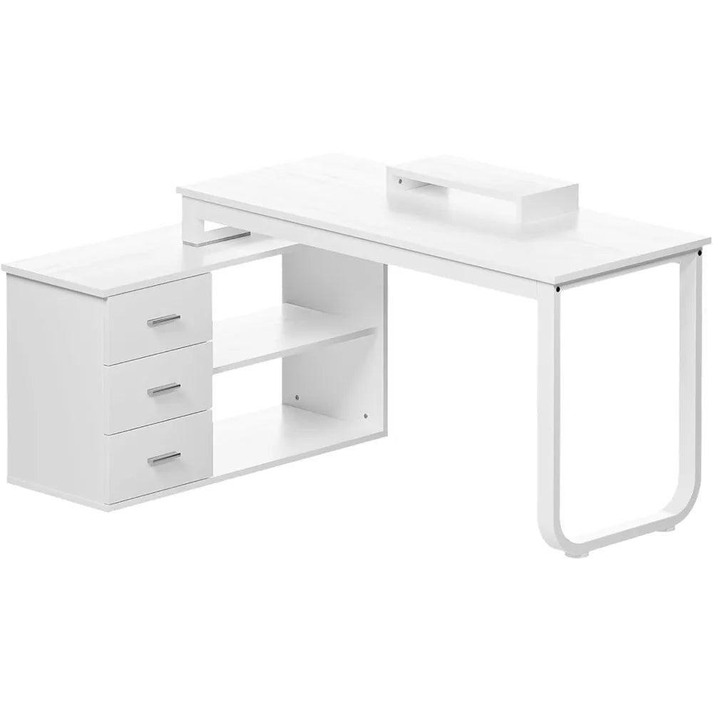 L-Shaped Desk with Drawers and Shelves