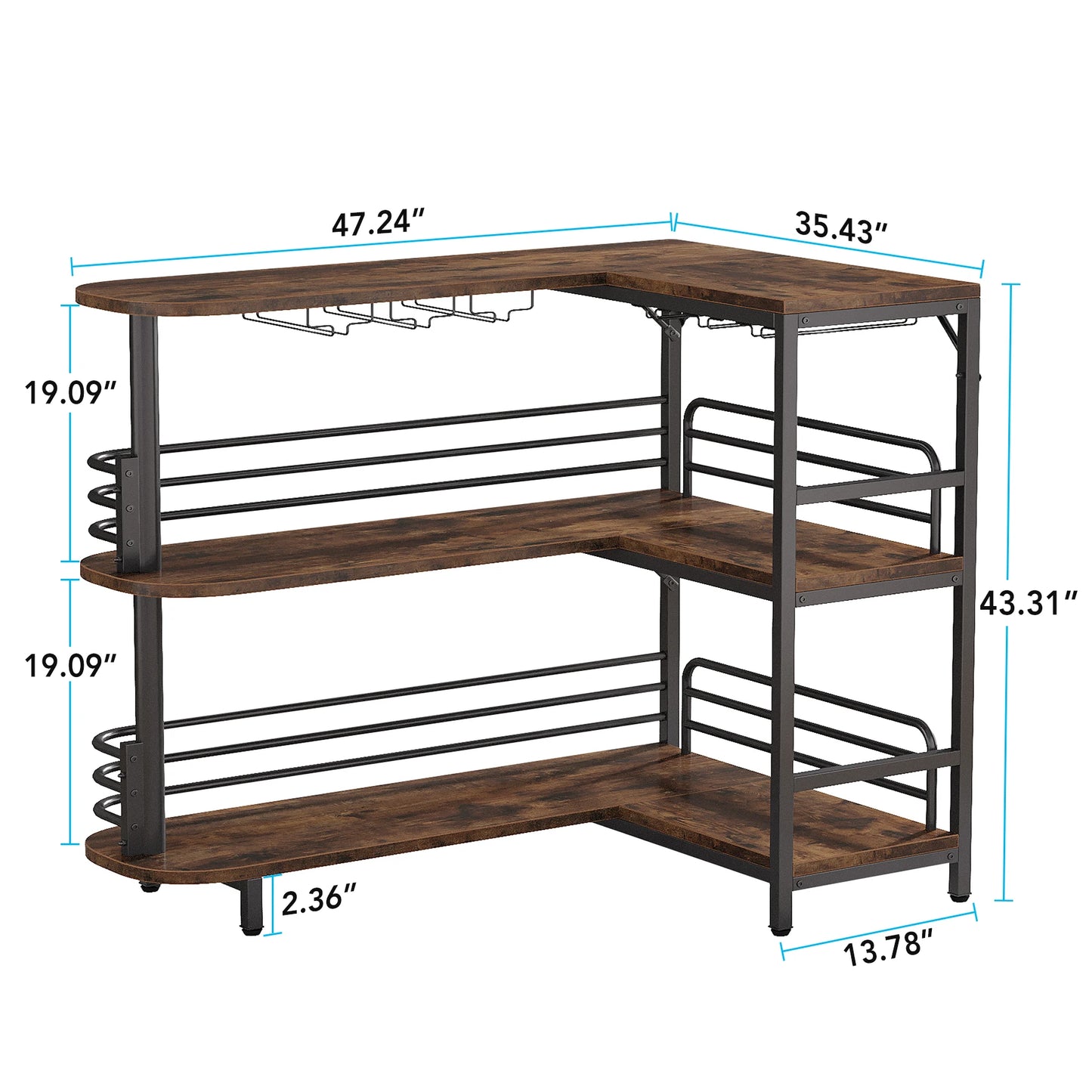Dining Room 3 Tier Liquor Bar Table with Storage Shelves and Wine Glasses Holder