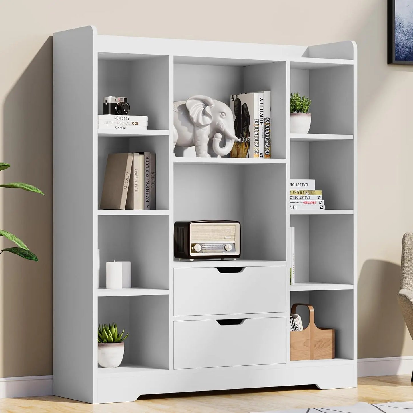 Kids Bookshelf with 2 Drawers and 10 Cubes